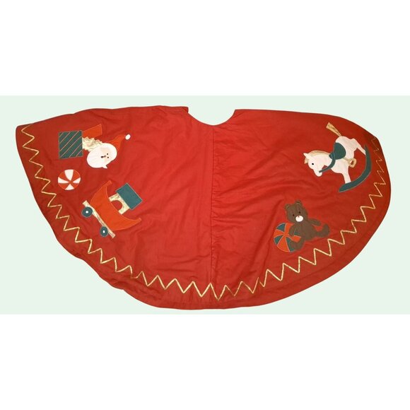 Vintage Red Christmas Tree Skirt With Appliqué Santa Bear Toys Gold Zigzag Trim - Picture 7 of 9